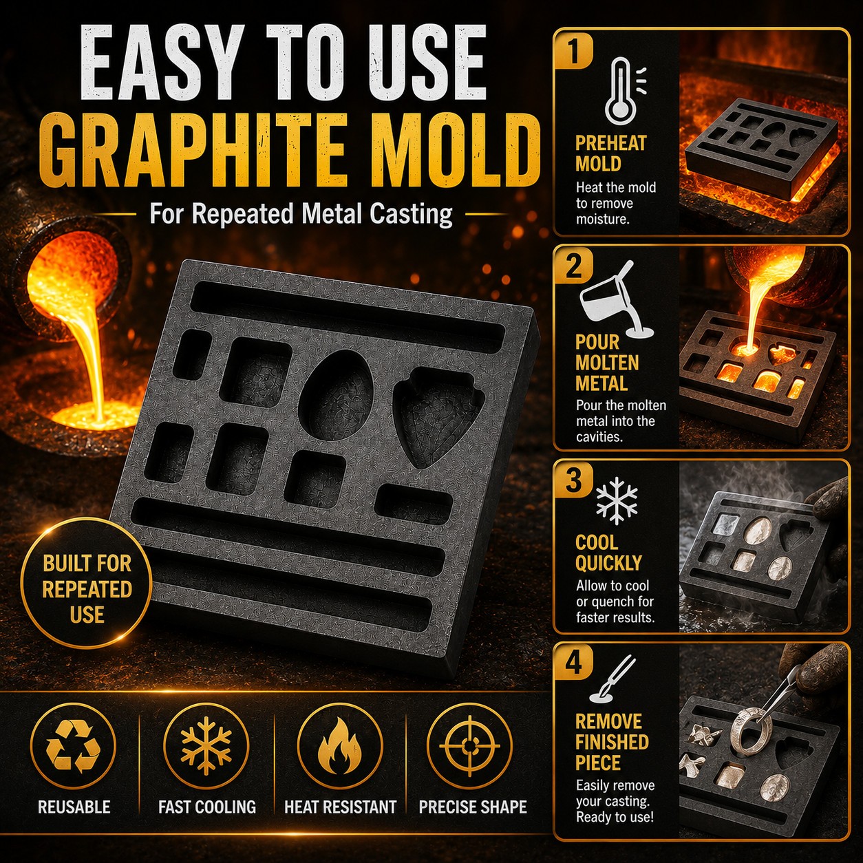Graphite Ingot Mold 4x4in 11 Cavities Gold Bar Coin Scrap Refining Casting Tool