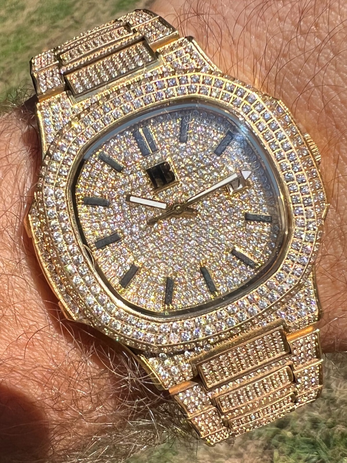 Real Mens Watch Fully Iced Gold Over Stainless Steel Bust Down Out 41mm Hip Hop