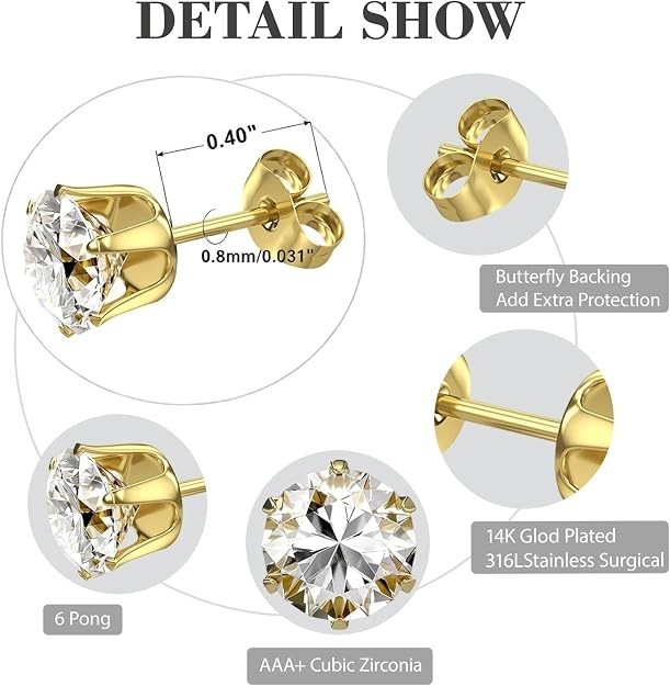 5 Pairs 14K Gold Silver Stainless Steel CZ Stud Earrings Set Women Men 3-7mm