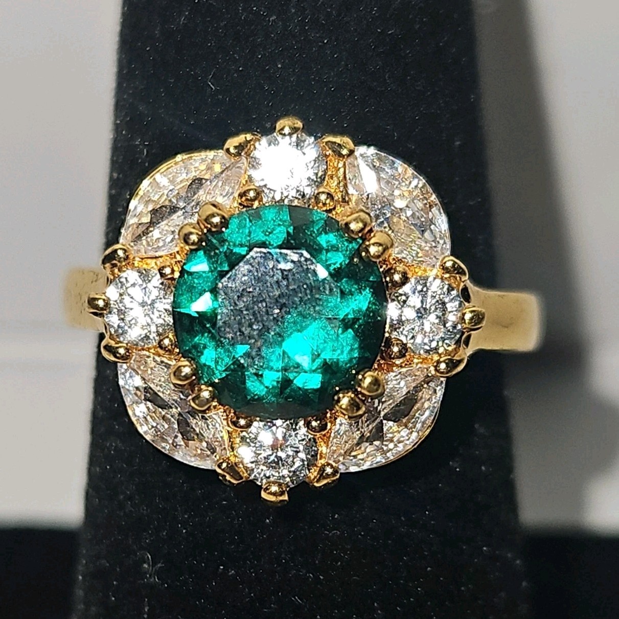 Lab-Created Emerald Halo Cocktail Ring 12k Yellow Gold Plated band Size 7