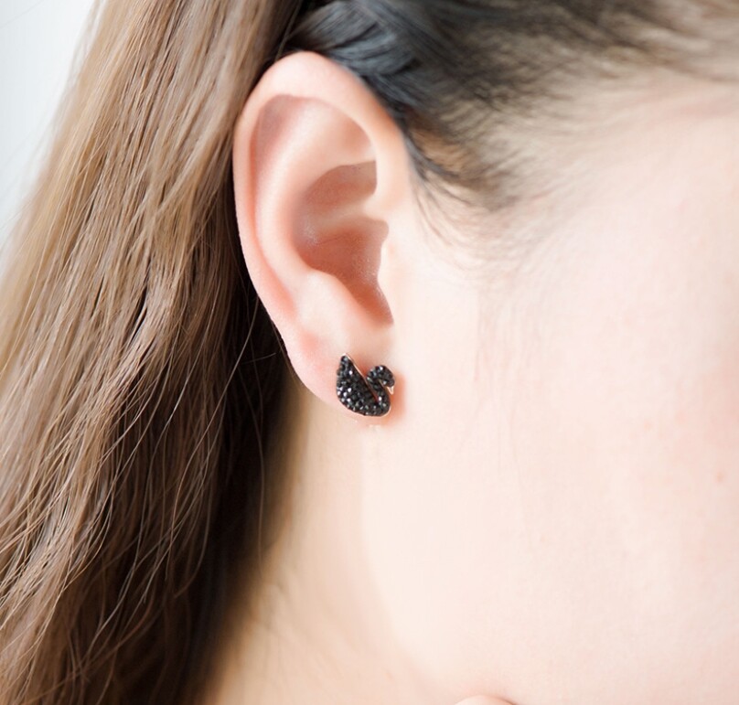 Rose Gold Titanium Black / Red Swan Bird Pave CZ Stud Earrings