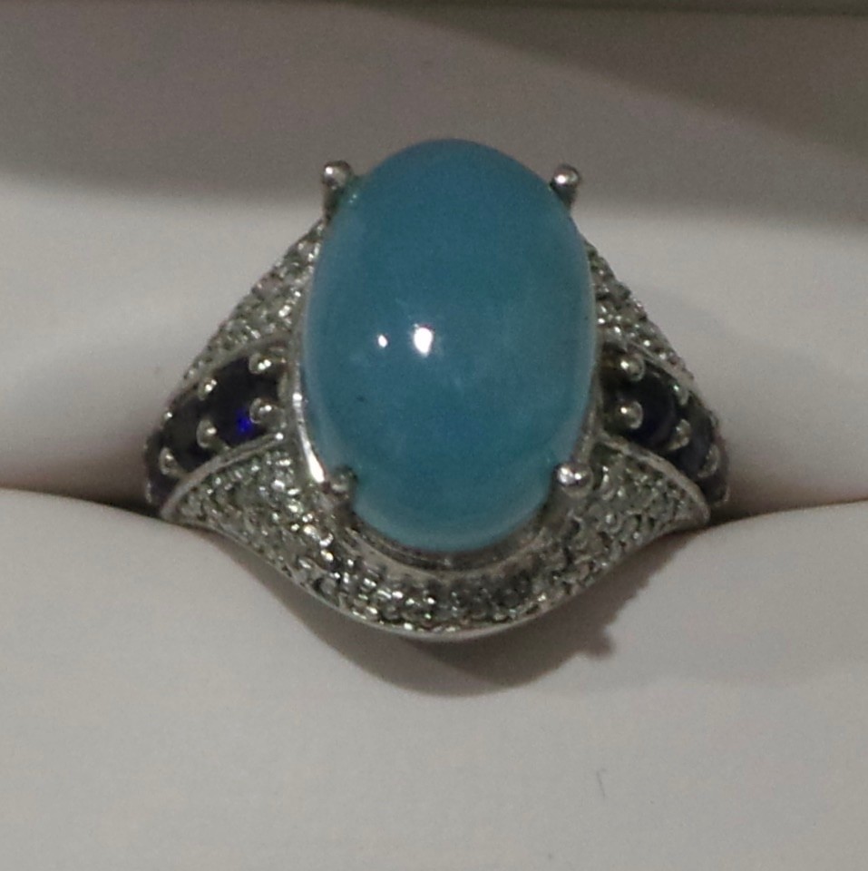 STS Karis Oval Aqua Chalcedony & Blue Accents Ring Silver Tone Size 6 14x10mm