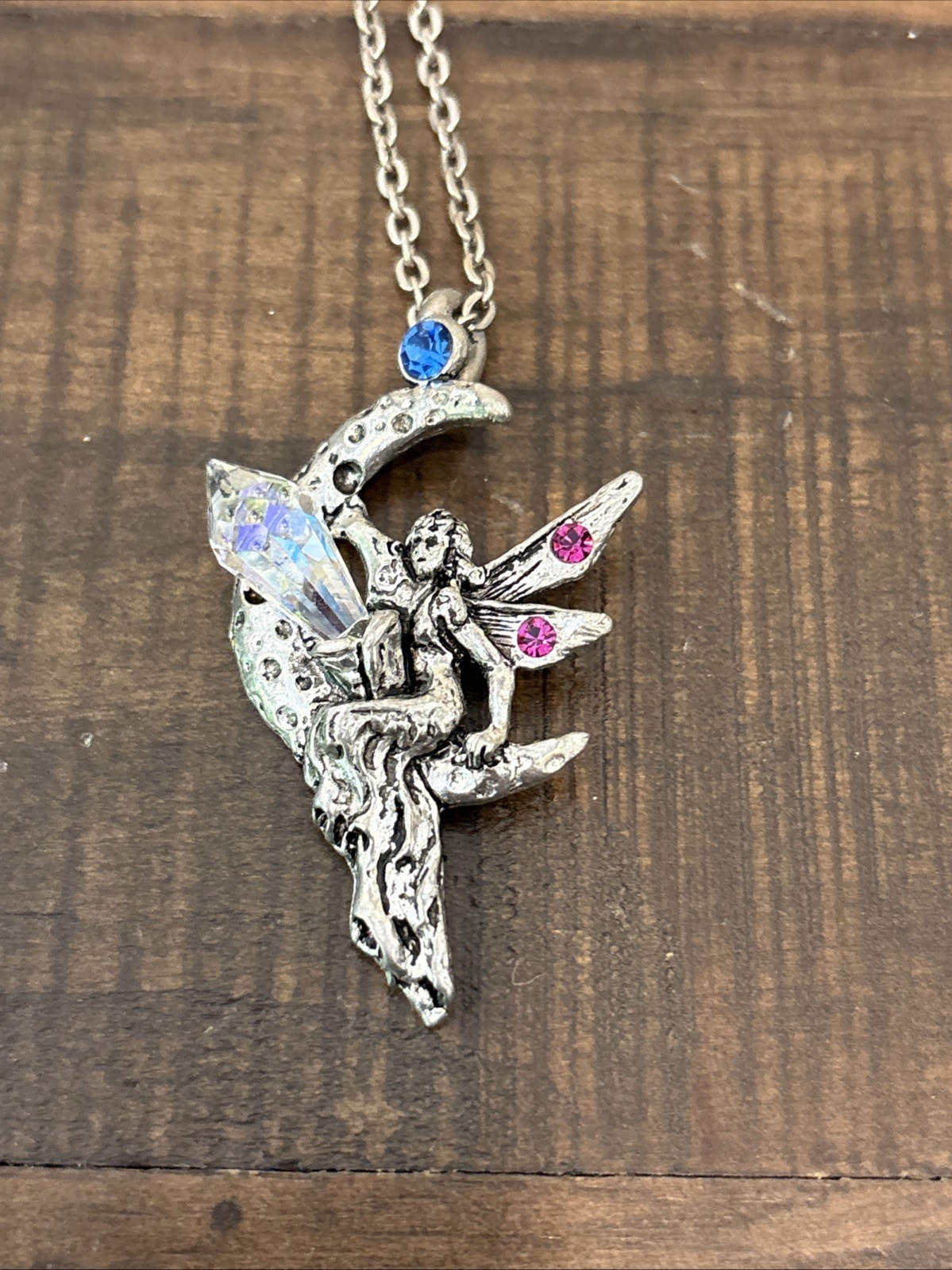 Handmade Fairy Moon Necklace Crystal Charm Jewelry Silver/blue/pink