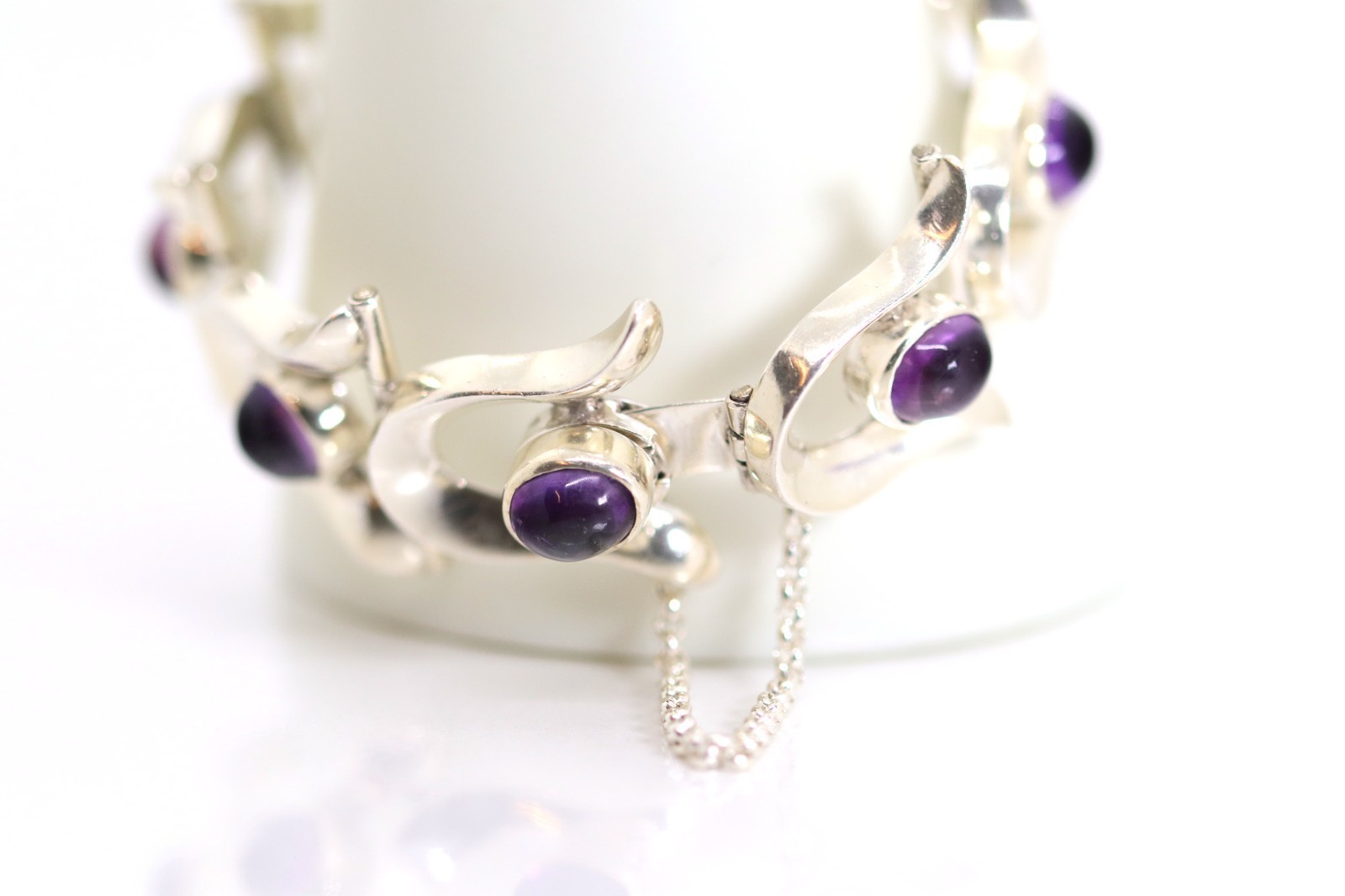 Vintage MEXICO TAX-MEX Silver Bracelet Amethyst 925 Sterling Silver Solid L: 19cm