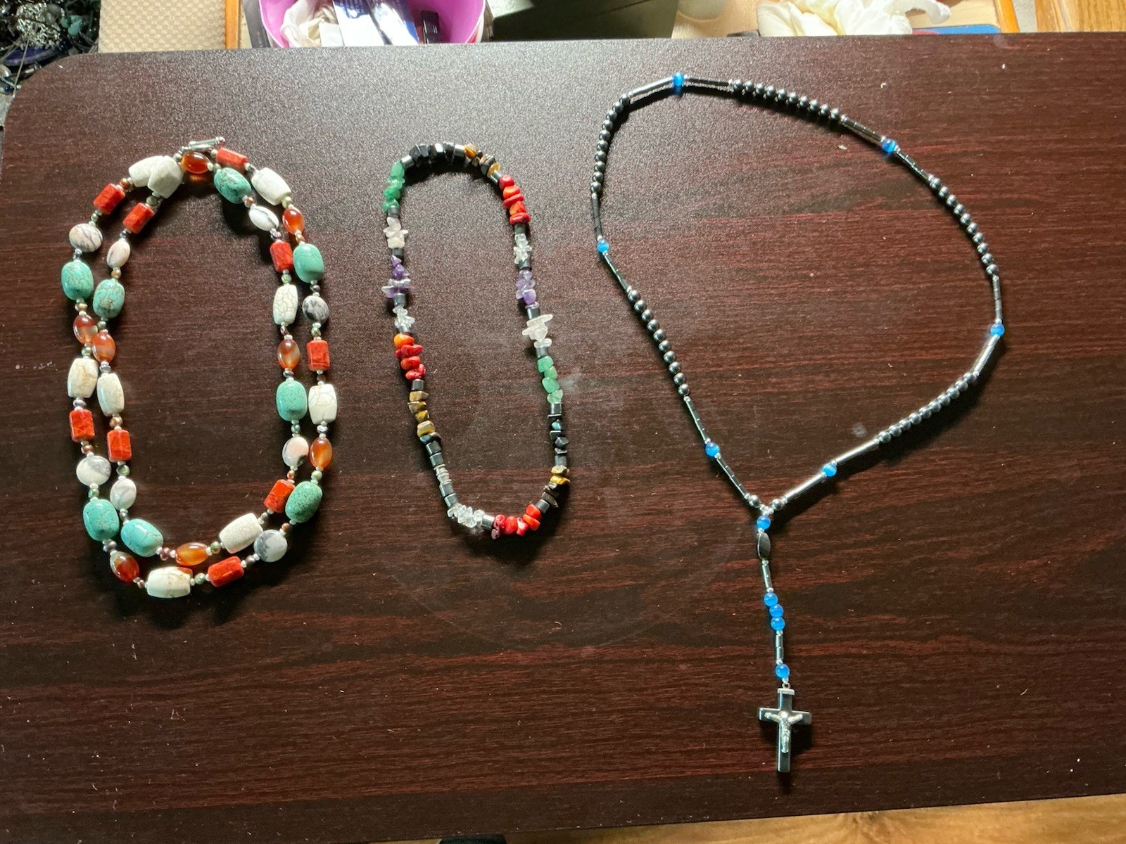 Lot Of 3 Hematite Crucifix, Turquoise Howlite Coral Amethyst Tigereye Necklaces