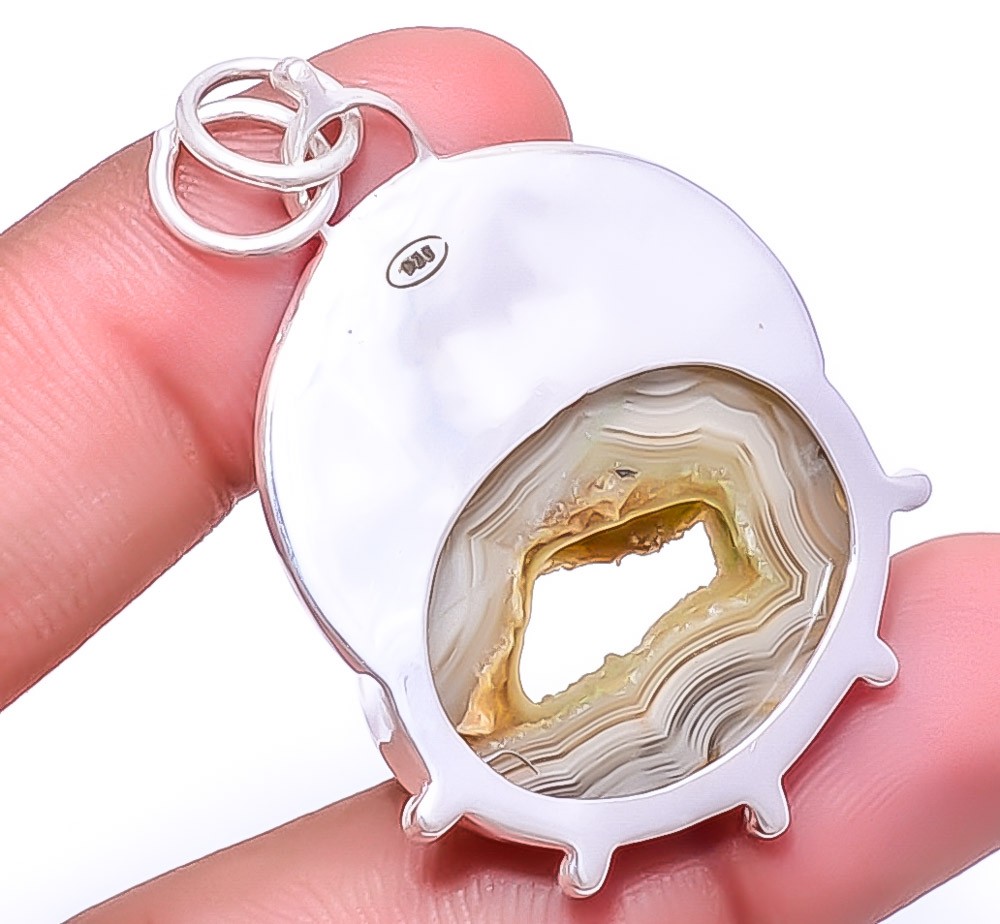 Druzy In Crazy Lace Agate 925 Sterling Silver Pendant 1.95″ P2, Christmas Gift