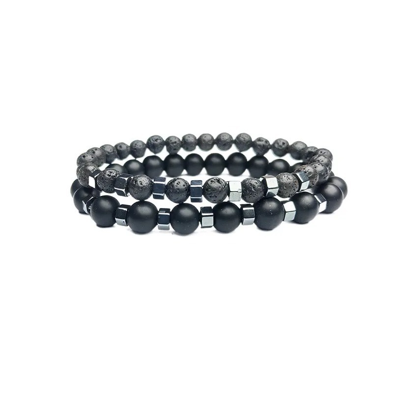 New In Frosted Black Bead Volcanic Stone Men’s Bracelet Set Double Layer Nature