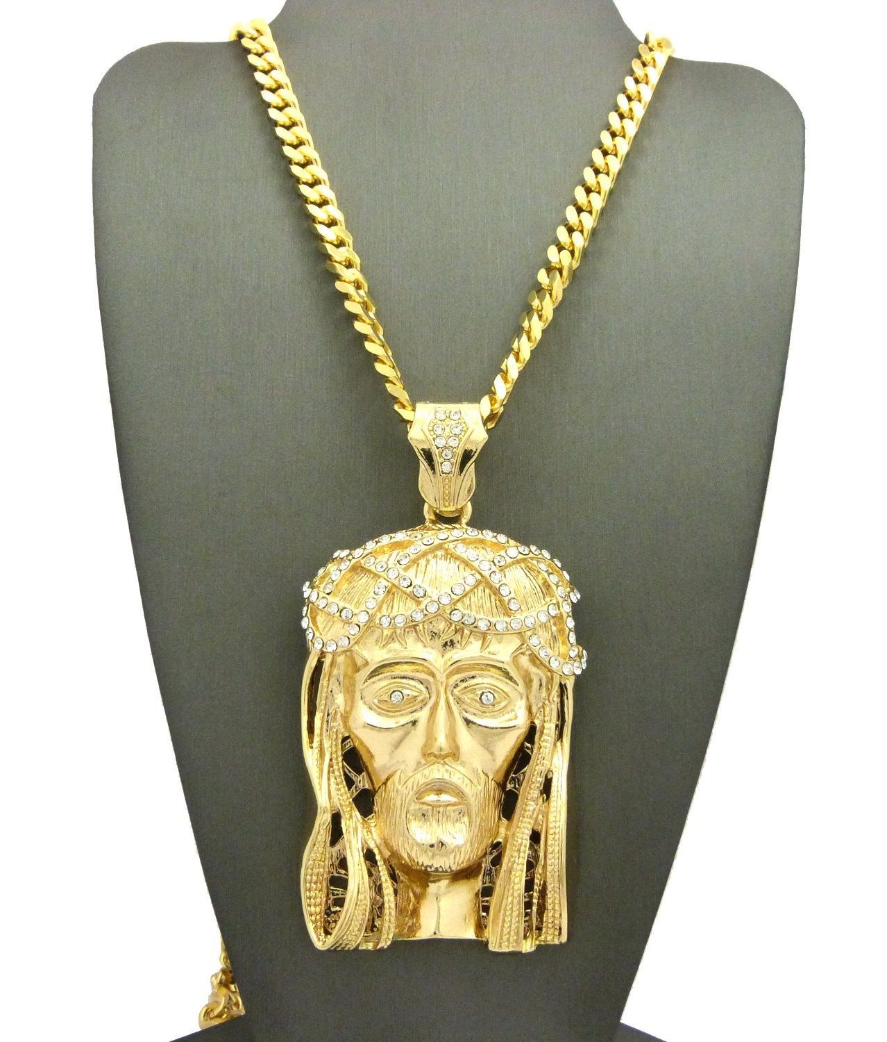 Hip Hop Iced Gold Plated Alloy Cubic Zirconia Big Jesus 30″ Cuban Chain Necklace