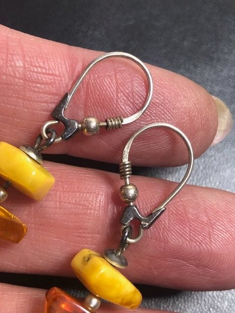 B0485 VTG Sterling Silver Amber Yellow Egg Yolk Dangle Earrings 925 Leverback