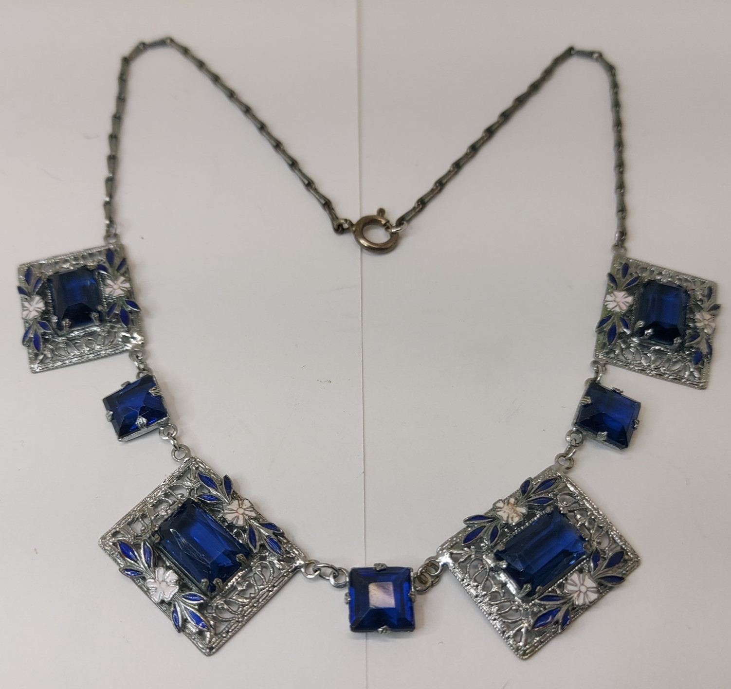 1920s Art Deco Czech Deep Blue Glass Enamel Flower Floral Filigree Necklace