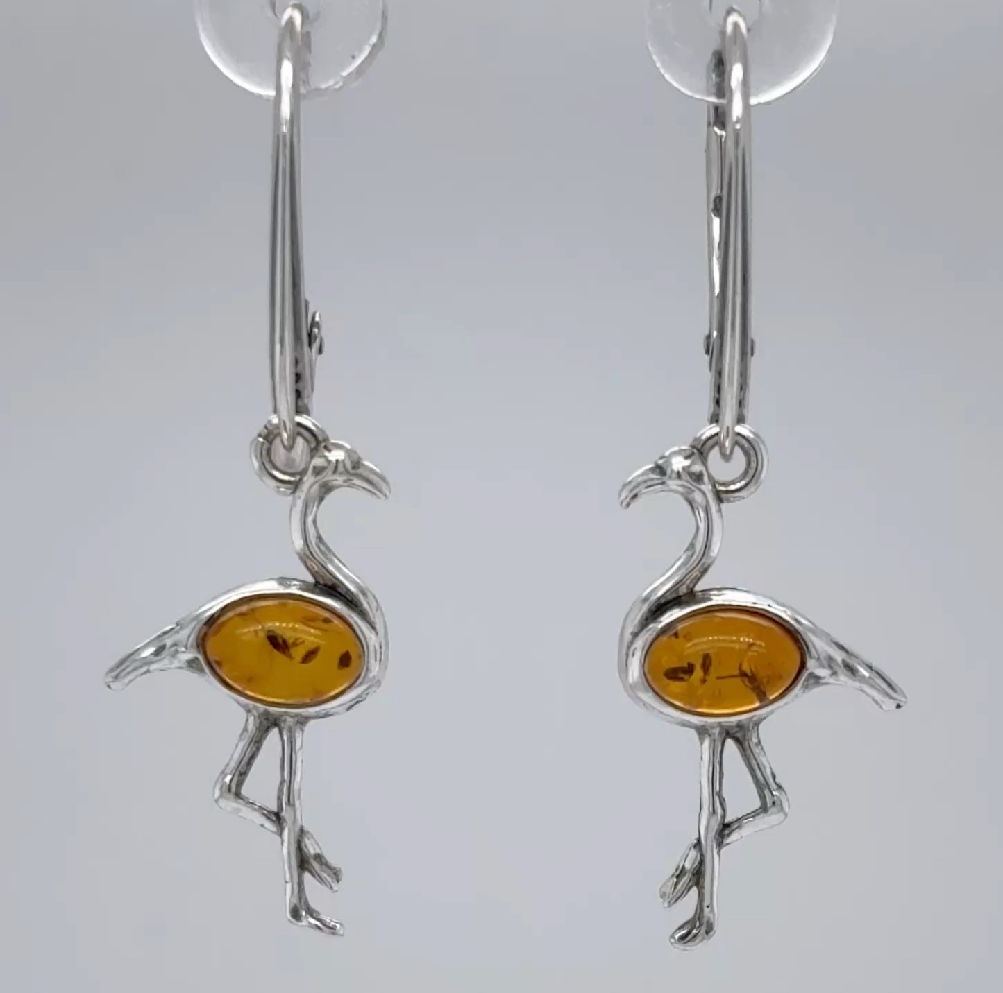 Cognac Brown BALTIC AMBER Flamingo Leveback Earrings 925 STERLING SILVER #5786e