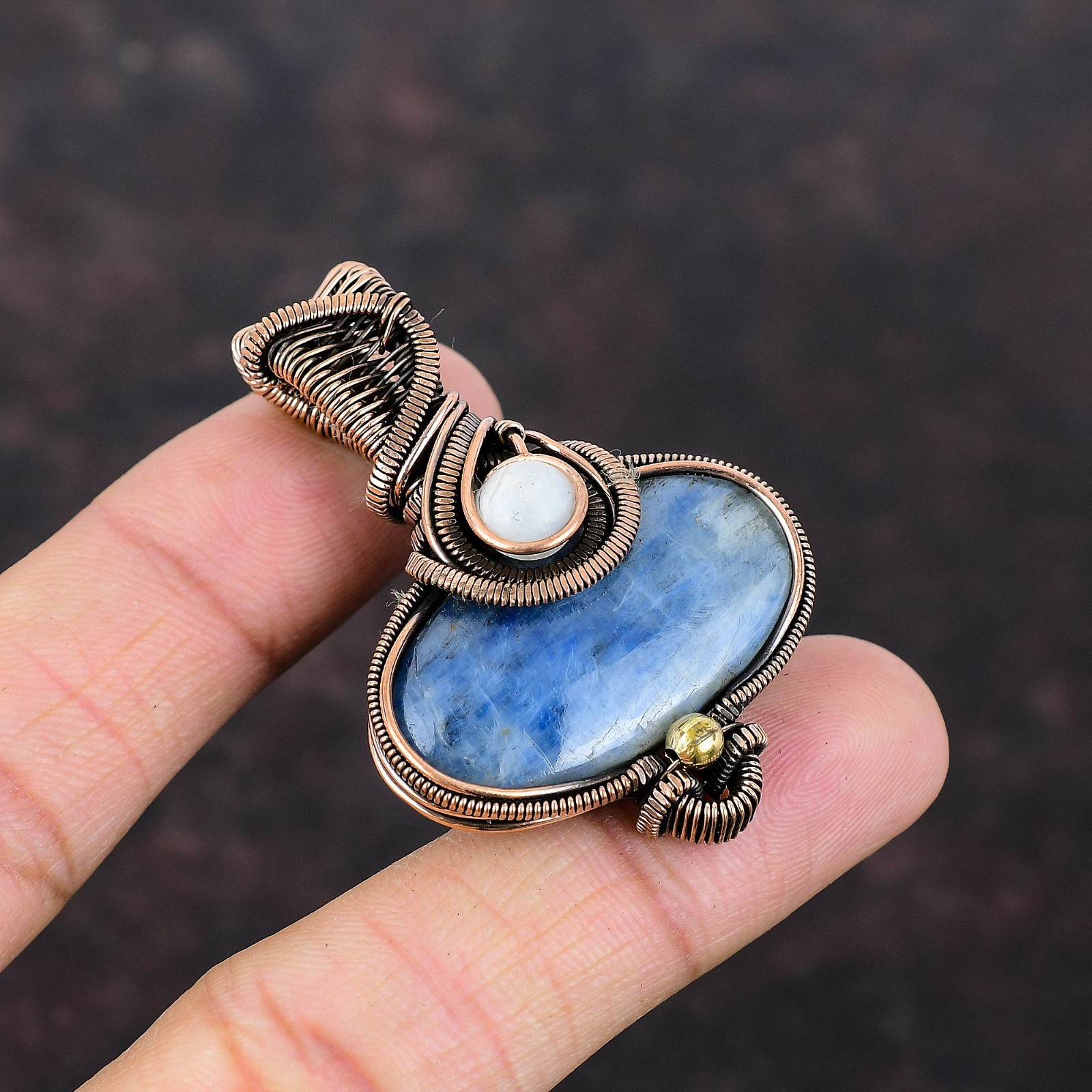 Oval Kyanite Stone Rainbow Moonstone Copper Wire Wrapped Wife Pendant Jewelry