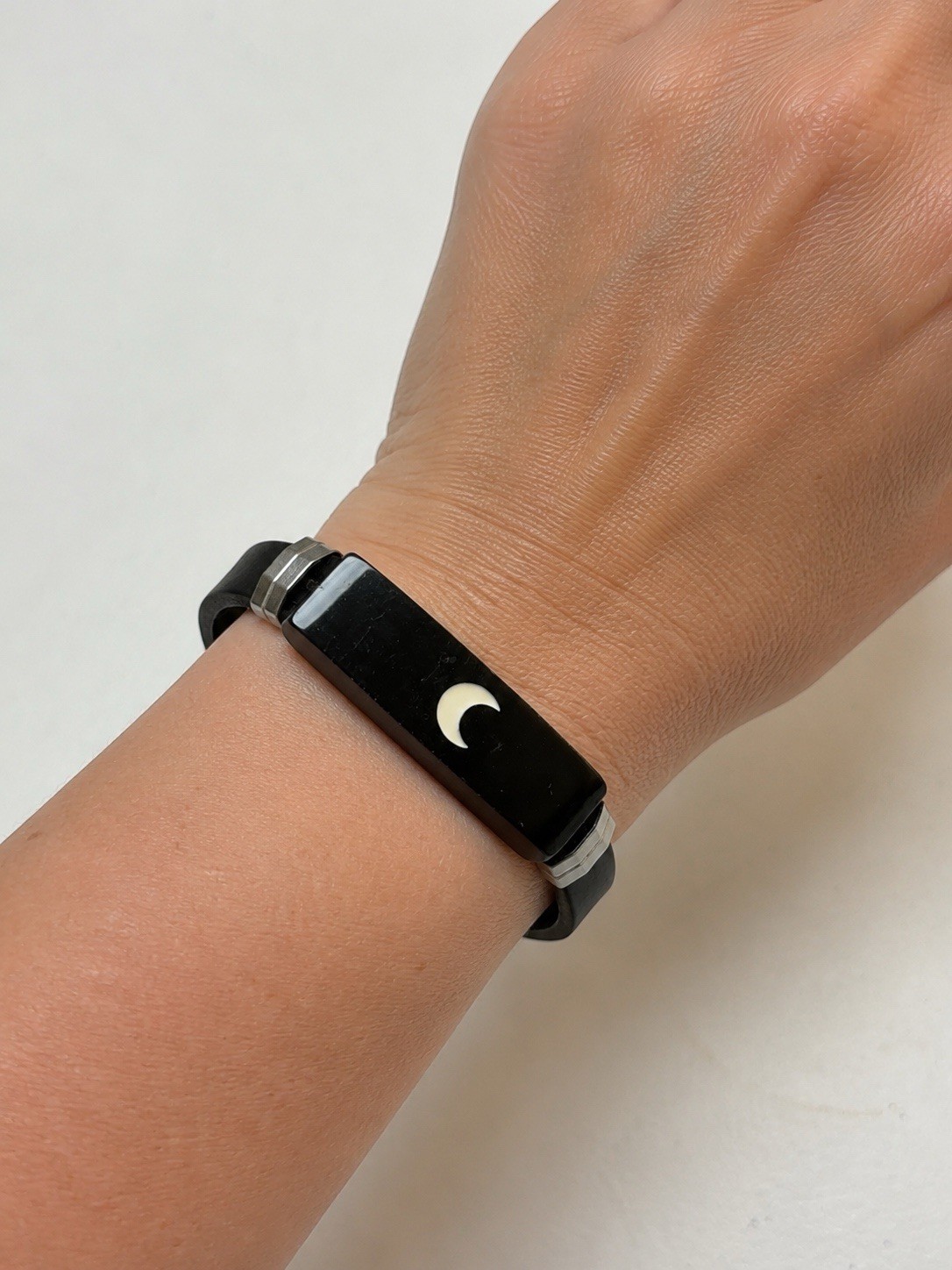 Black Bracelet White Crescent Moon Inlay Stainless Steel Accent Adjustable L-299