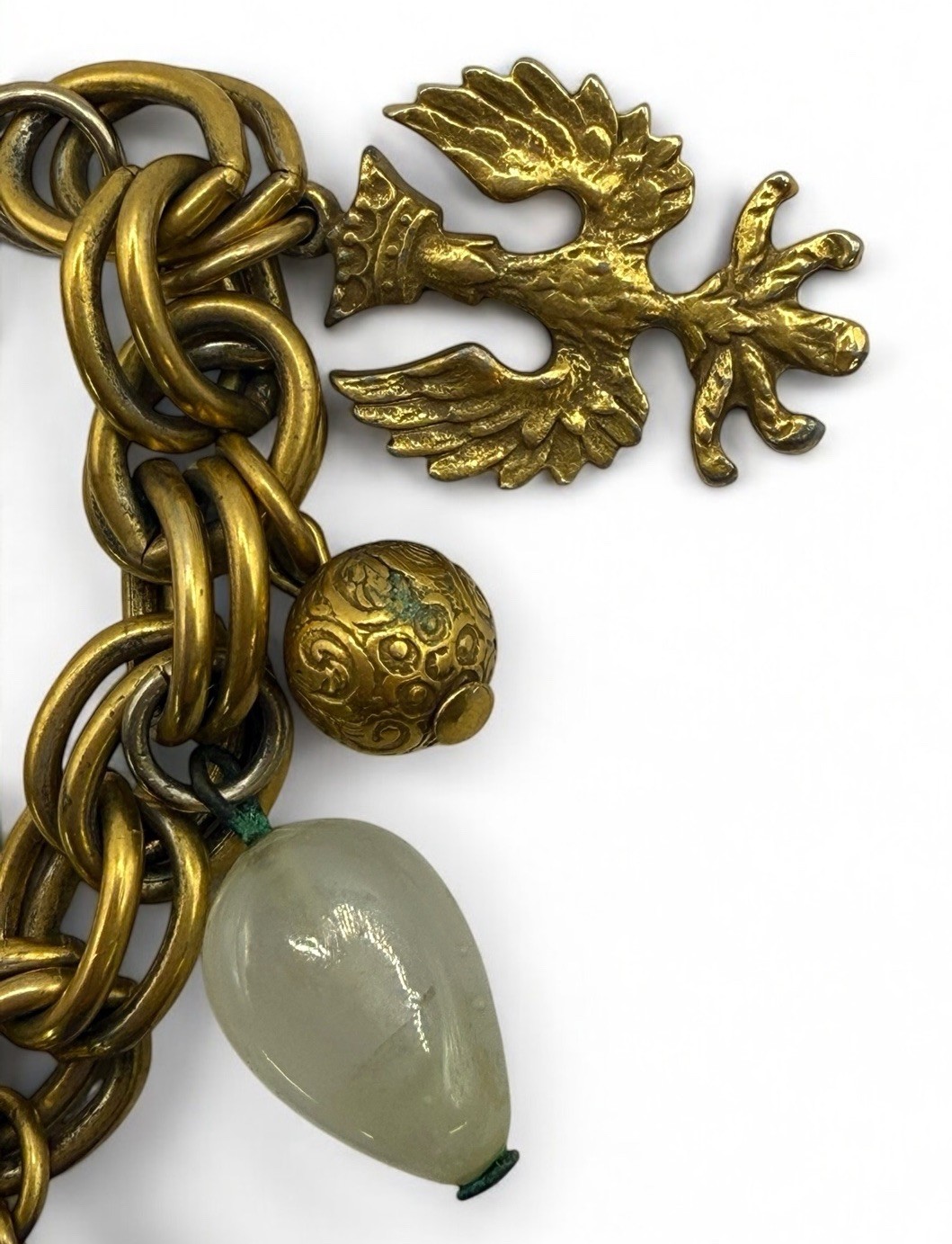 Vintage Charm Bracelet Royal Eagle Crown Glass Beads Link Gold Tone