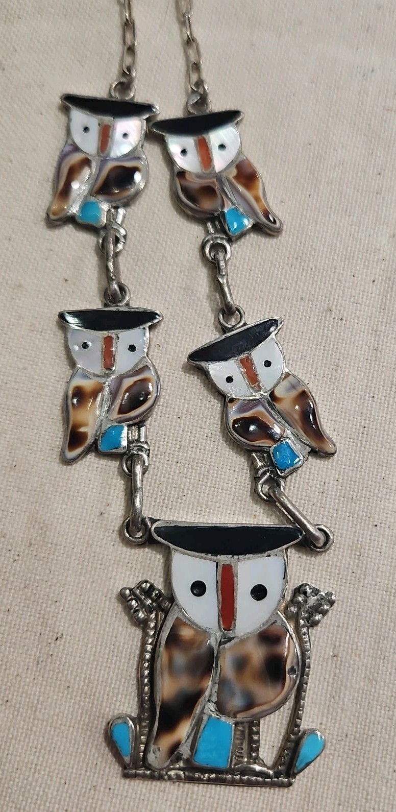 Vintage Zuni Pitkin Natewa Sterling Silver Multi-Stone Inlay Owl Necklace Signed
