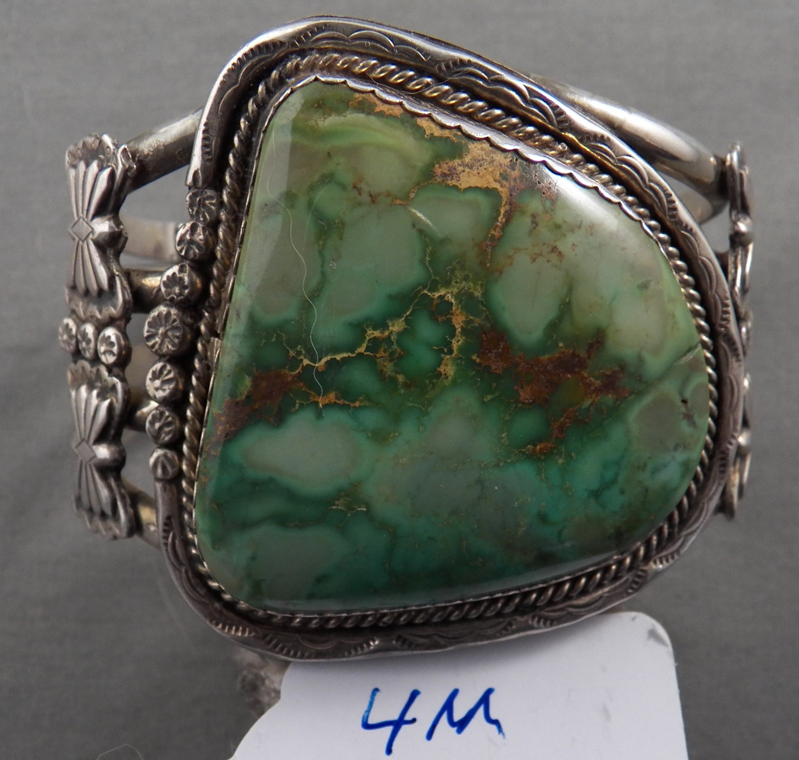 Vintage Ribbed Navajo Sterling Bracelet w/ Massive Carico Turquoise!