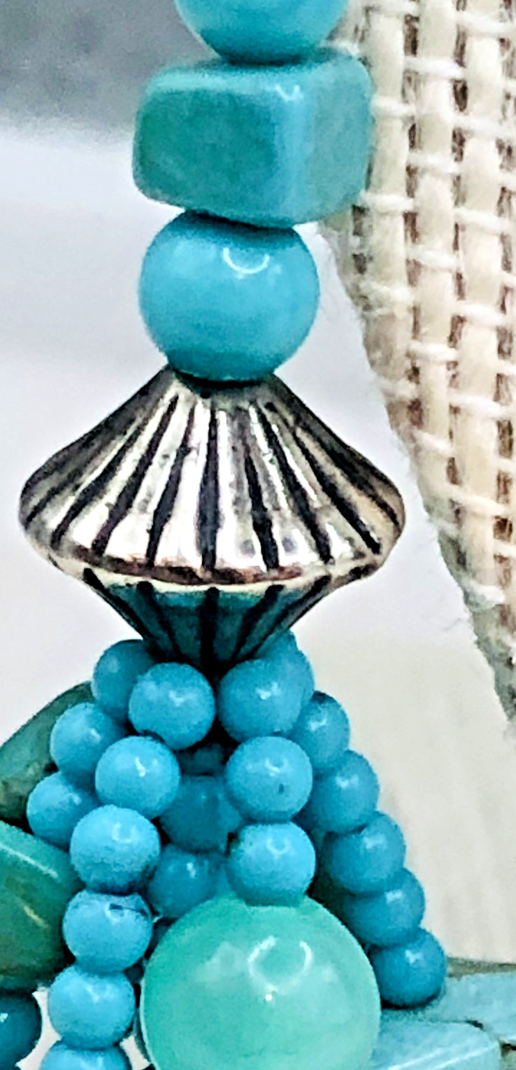 Vtg 58 Inch Beaded Tassel Lariat Necklace Sterling, Turquoise , Chrysoprase etc.