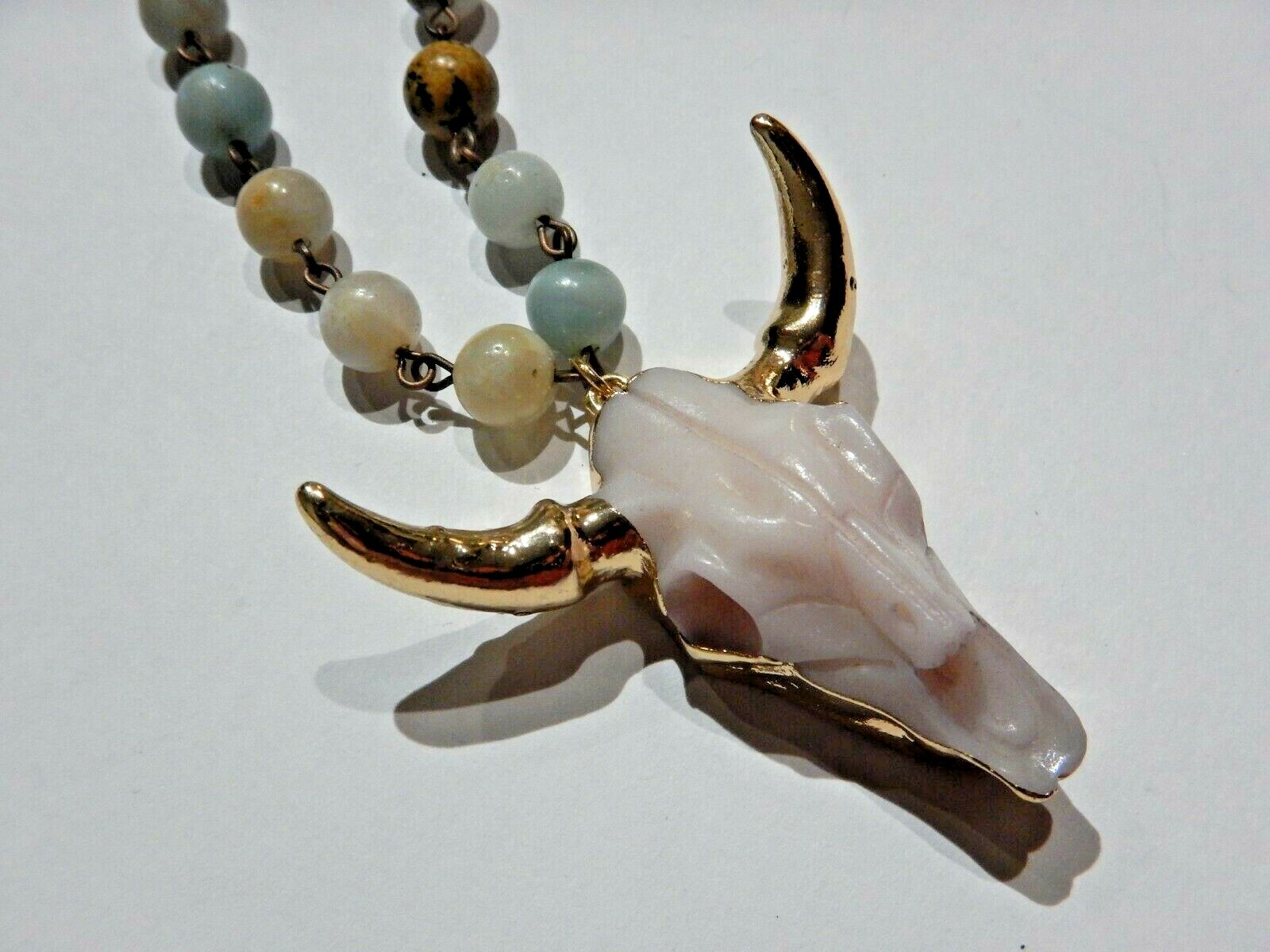 COW SKULL BEADED NECKLACE Amazonite stone blue goldtone ox bull cattle boho L5