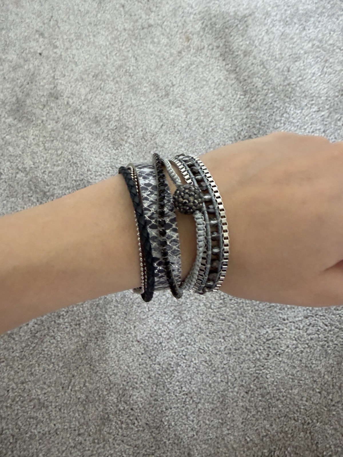 Victoria Emerson Wrap Bracelet Faux Leather Crystal Magnetic Silver/Black