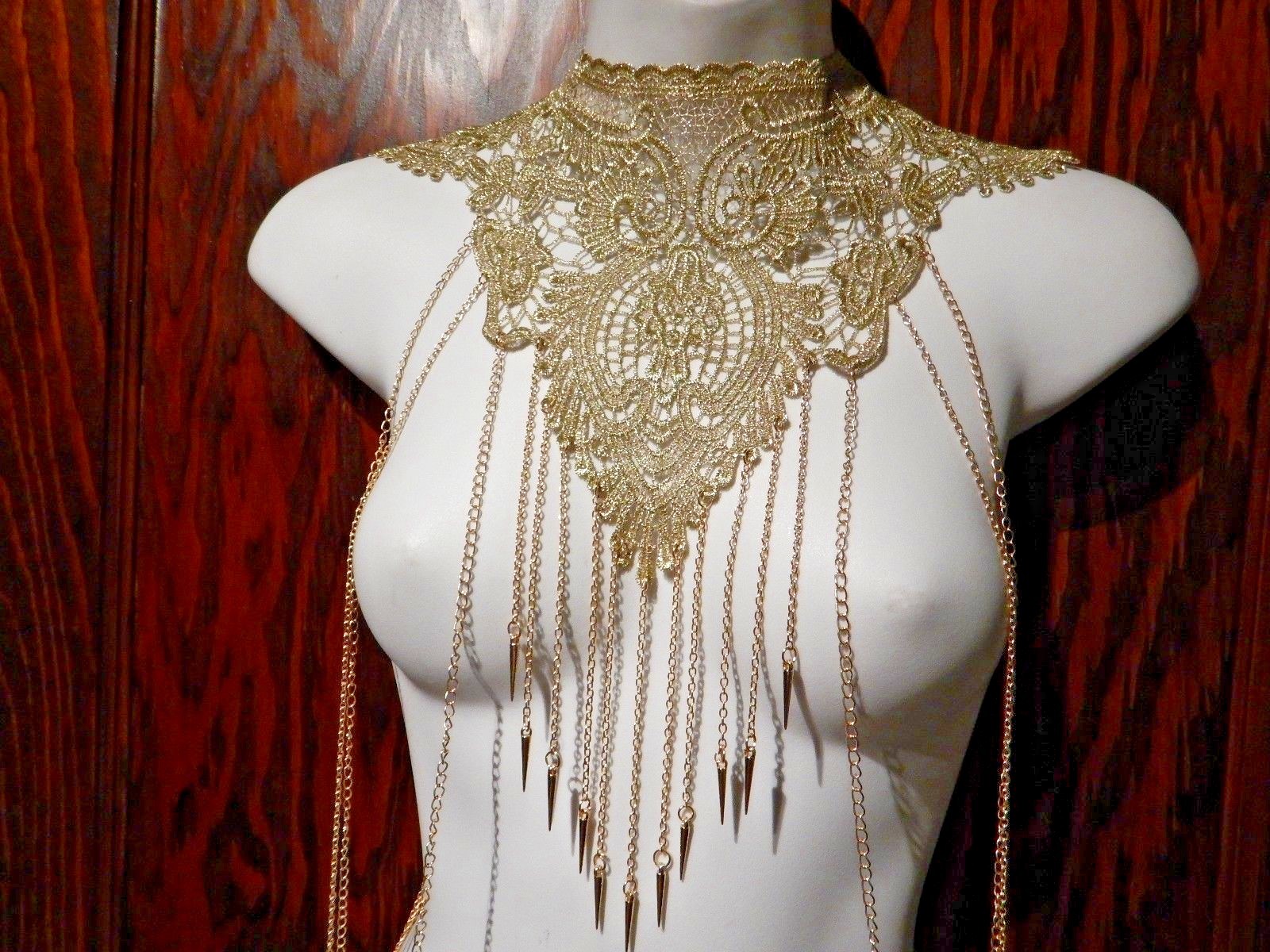 GOLD CHAIN & SPIKES LACE BODY JEWELRY necklace harness yoke choker goddess Z8