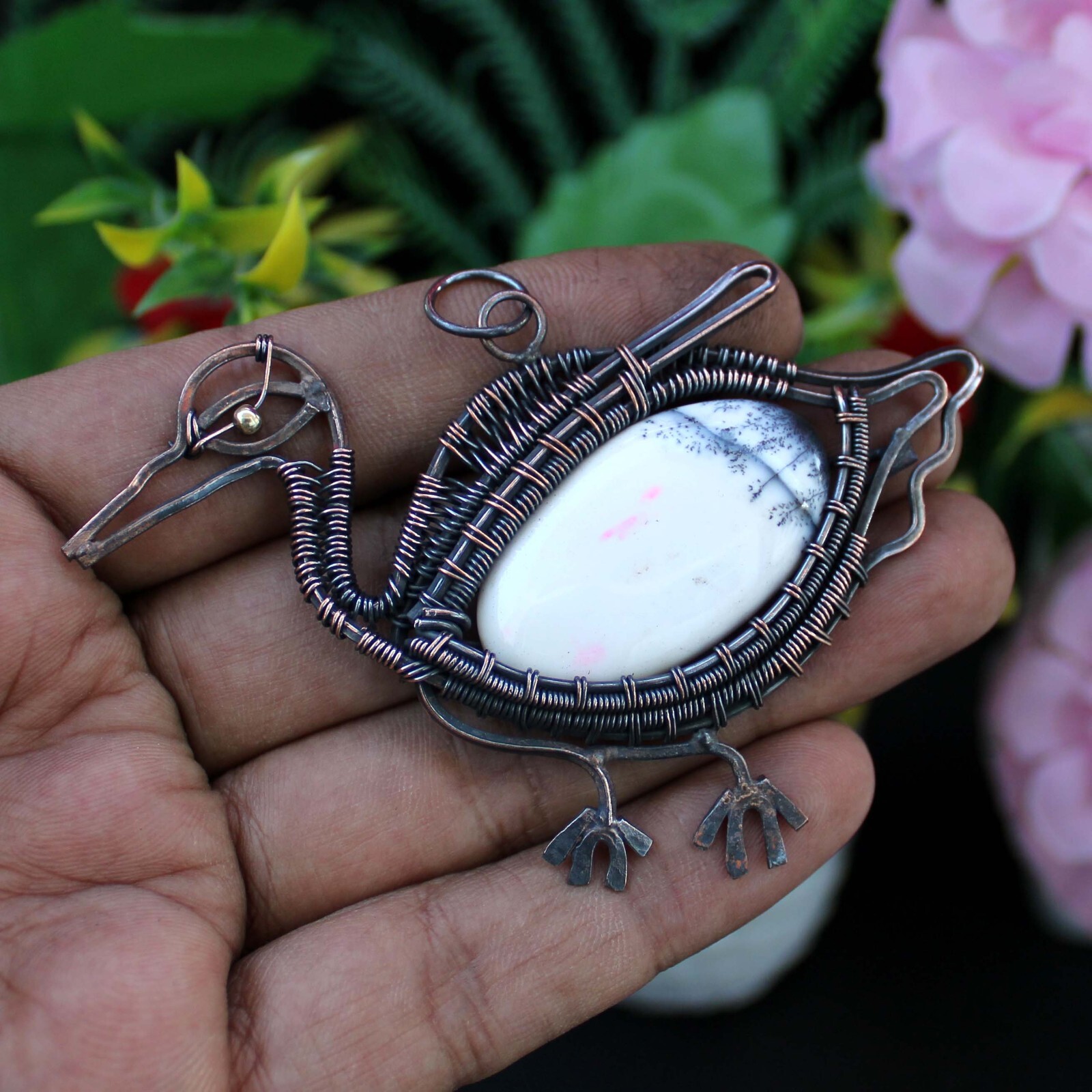 Dendrite Opal Gemstone Jewelry Mother Gift Copper Wire Wrapped Bird Pendant