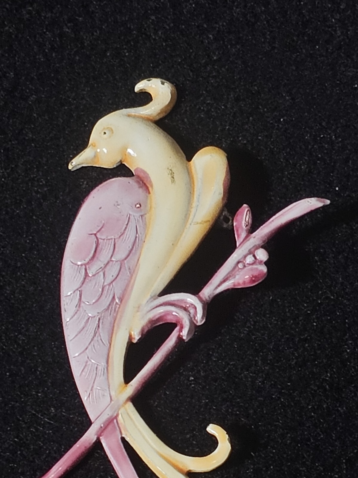 1940s Enamel Bird Brooch Large Vintage Bird Of Paradise Pot Metal Pink