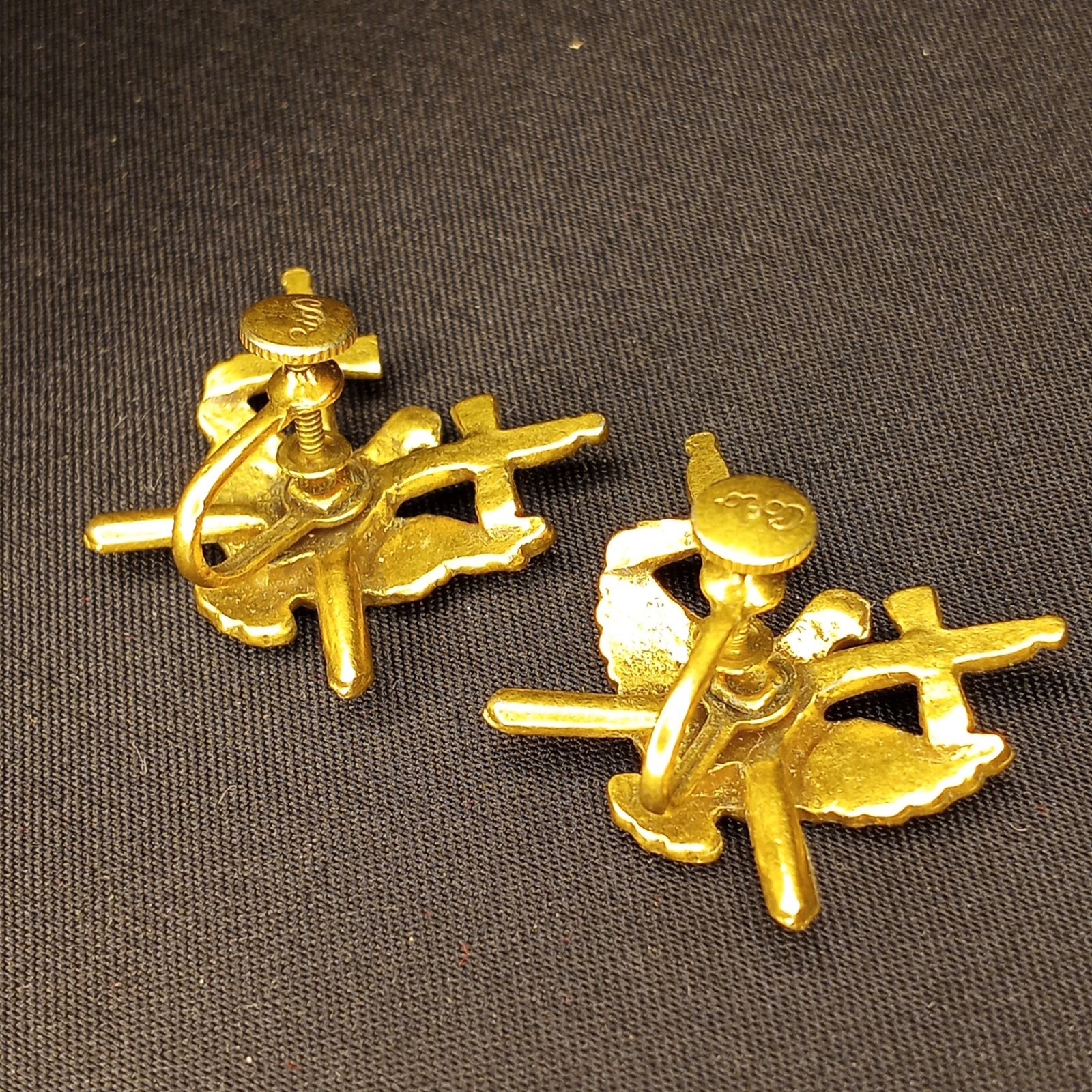 Large Vintage Earrings Sword Shield Crown Eagle Pin Military Style Gold Tone
