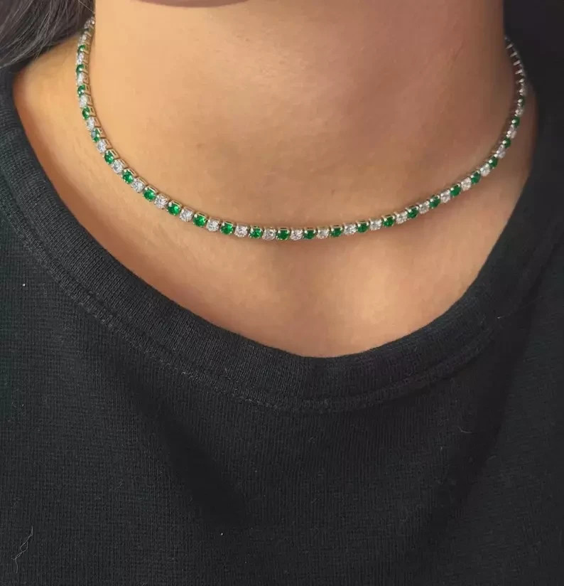 3MM Round Cut Lab Created Emerald Women’s Choker Necklace 14k White Gold Plated