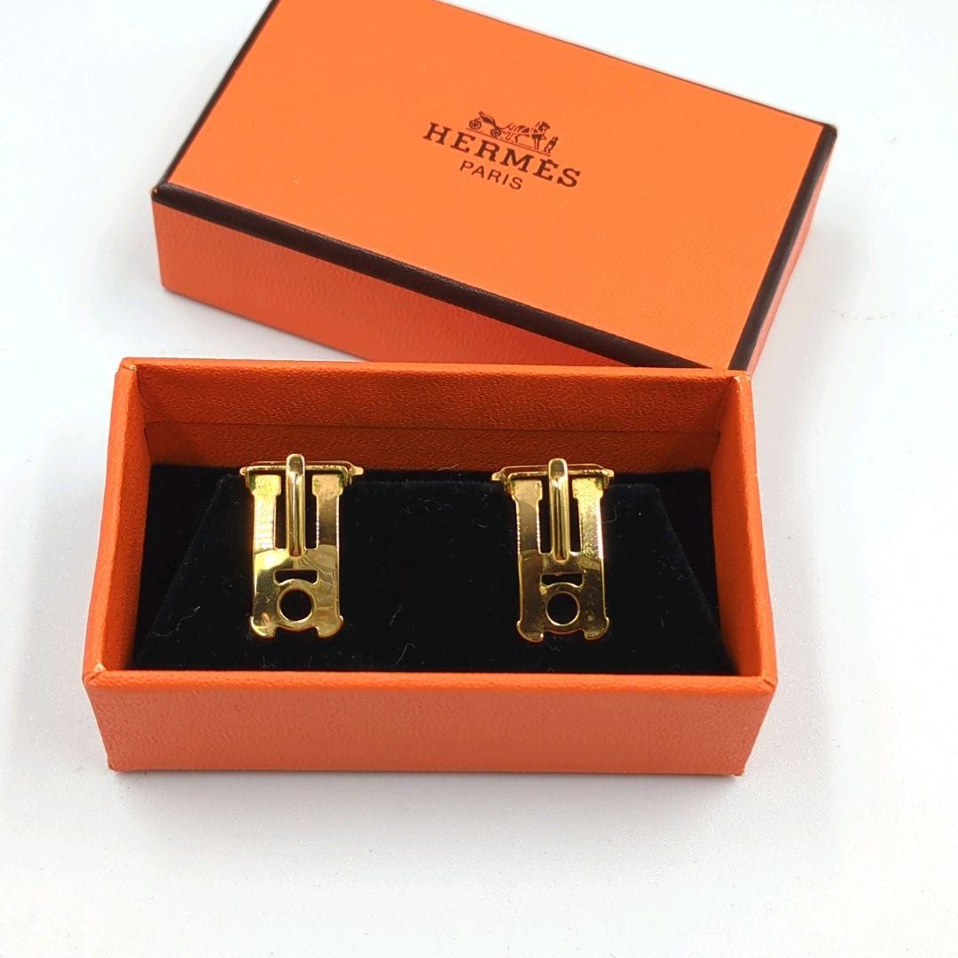 HERMES H Logo Clip On Earrings Enamel Gold Navy Vintage France Box Included Used