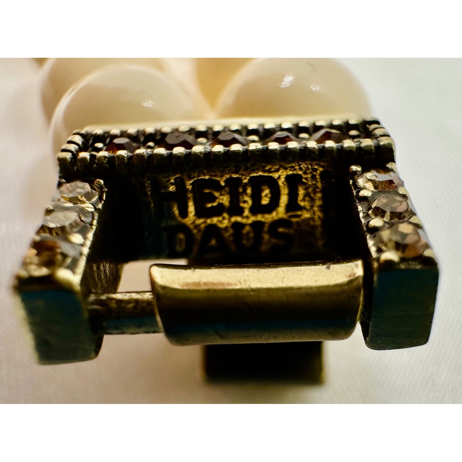 Heidi Daus Cream Faux Pearl Double Strand Bracelet Bronzetone Crystal Clasp 8in