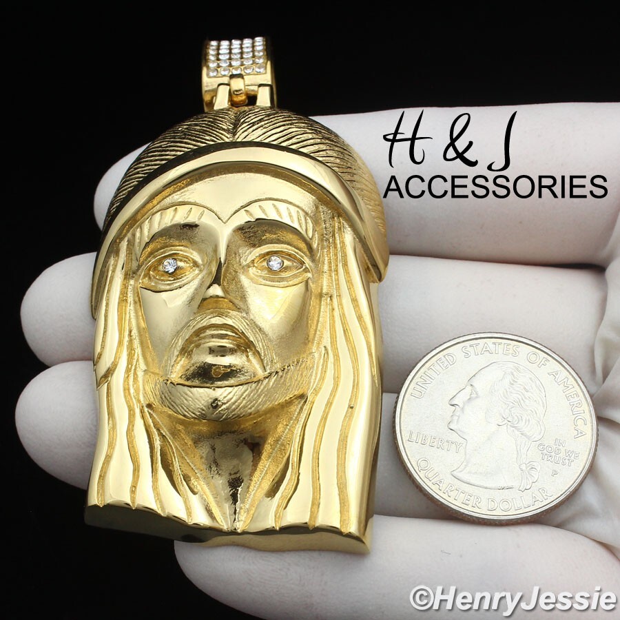 MEN STAINLESS STEEL ICY BLING CZ GOLD PLATED 3D BIG JESUS HEAD PENDANT*AIGP143