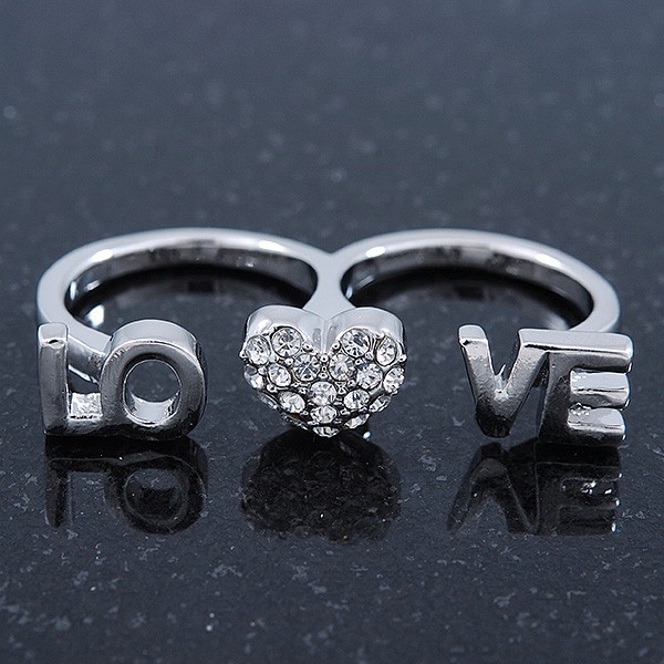 Rhodium Plated Double Finger Diamante ‘Love & Heart’ Ring – Size 7&8