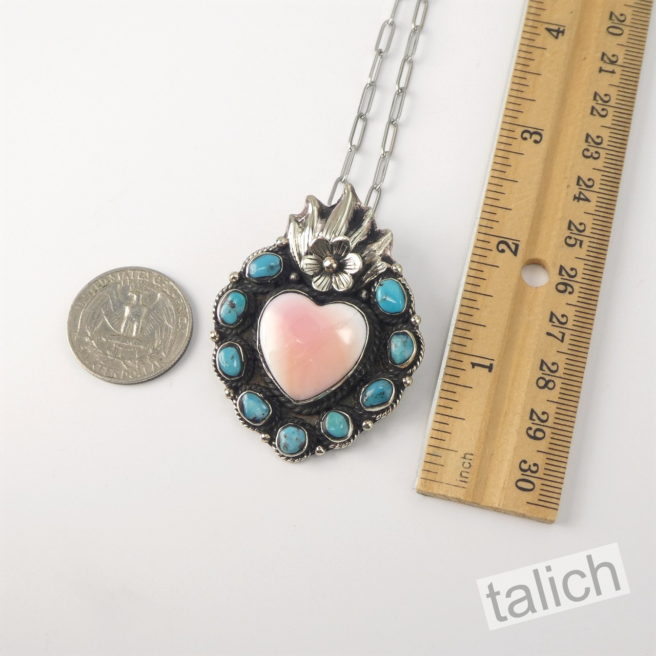 Pink Shell Heart Turquoise Cluster Tibet Silver Sacret Heart Pendant Necklace