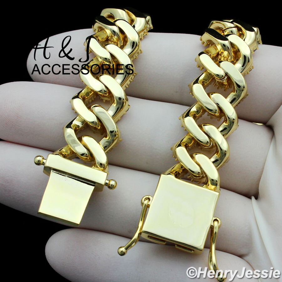 20″MEN 14K GOLD PLATED 14MM GOLD CZ MIAMI CUBAN CURB LINK CHAIN NECKLACE*ABN6