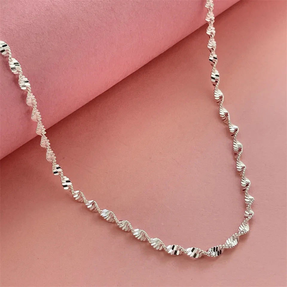 925 Sterling Silver Necklace 2mm Link Adjustable Length 40-75cm Women Jewelry