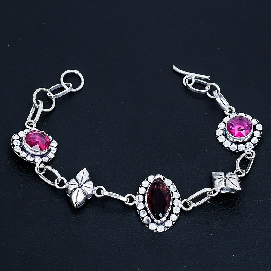 Amethyst, Pink Rubillite 925 Sterling Silver Jewelry Bracelet 7-8″ A104