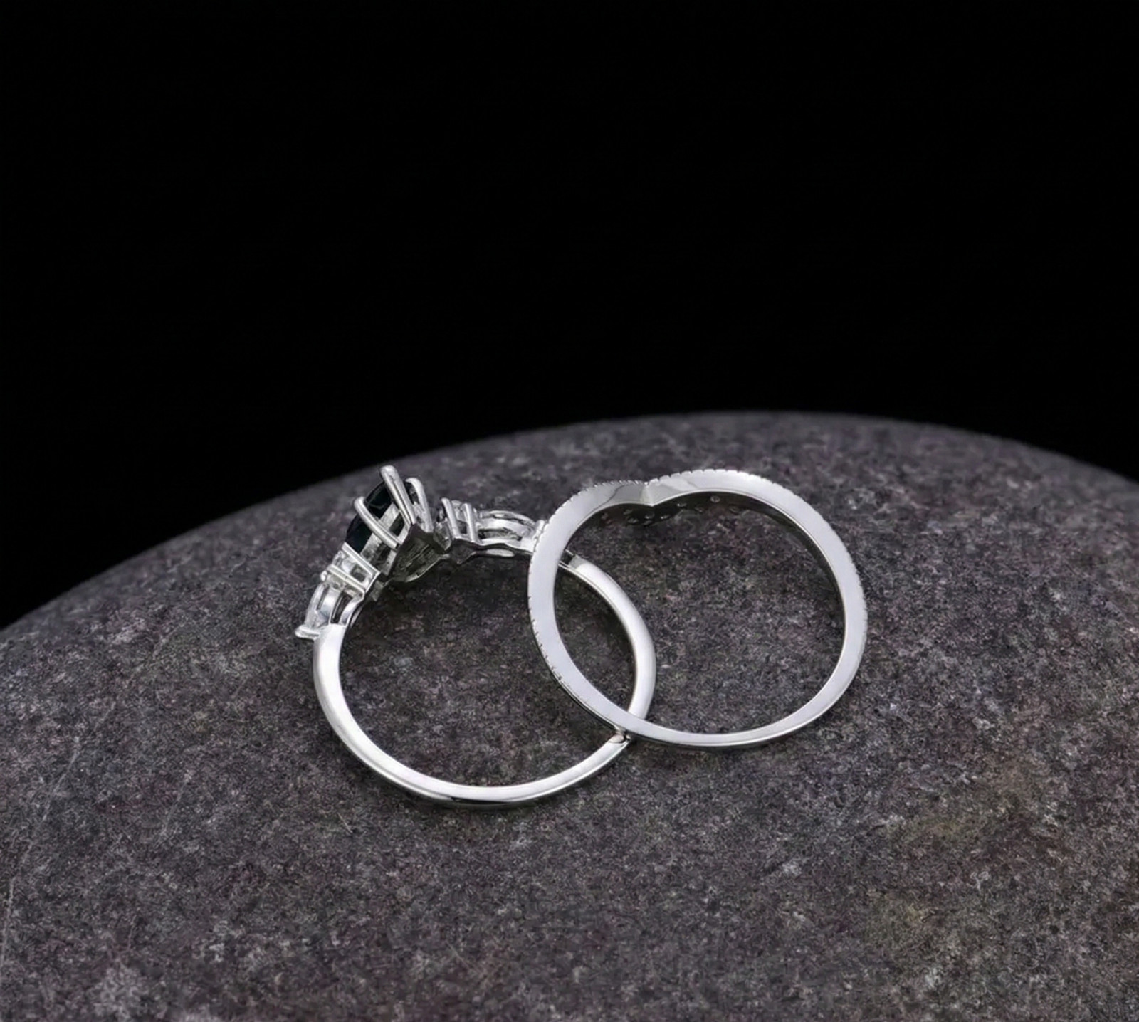 Kite Cut Moss Agate Engagement Ring, Sterling Silver Art Deco Bridal Set
