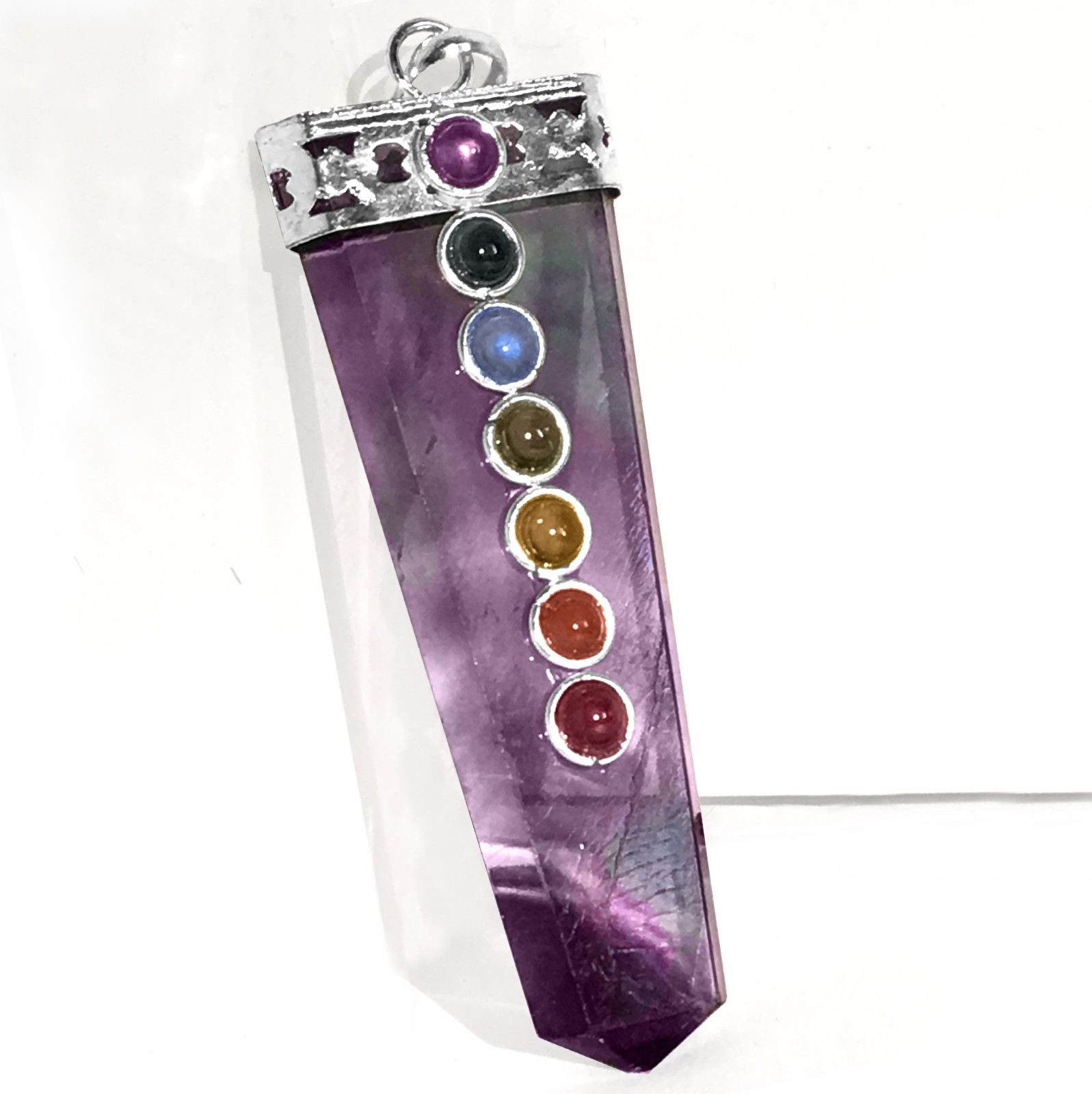 Rainbow FLUORITE 7 Chakra Pendant CHARGED Crystal Sterling Silver Necklace Reiki