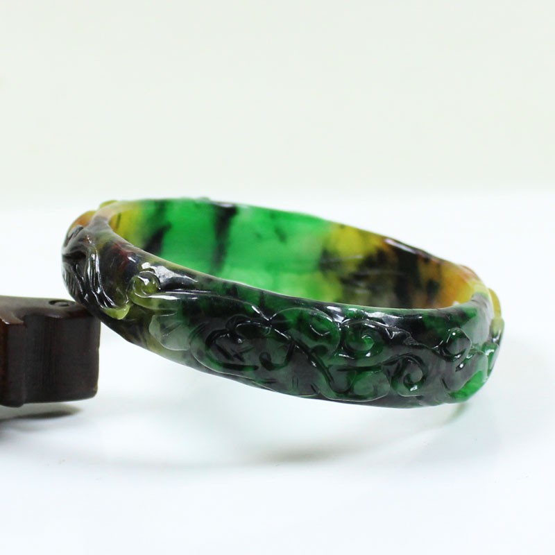 61mm Real Natural Ice Multicolor Burmese Jade jadeite Carving Bracelet Bangle