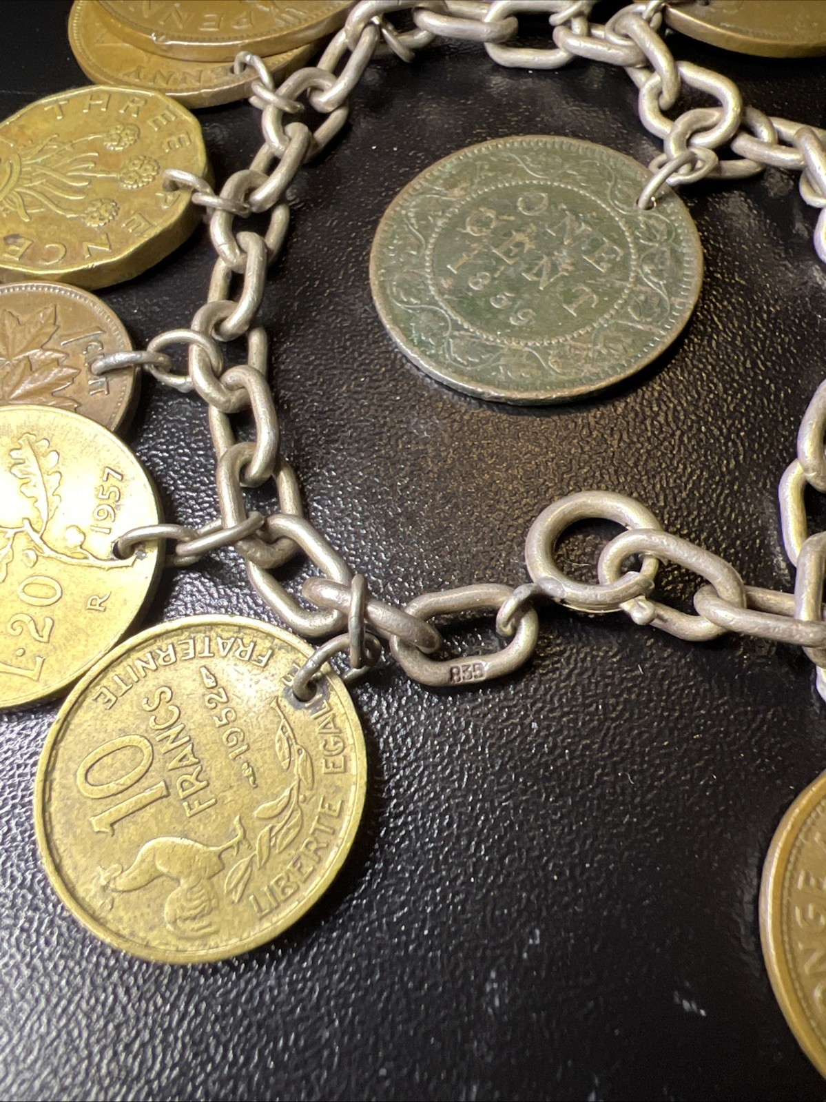 Vintage 835 Continental Silver Coin Charm Bracelet Travel World Coins European