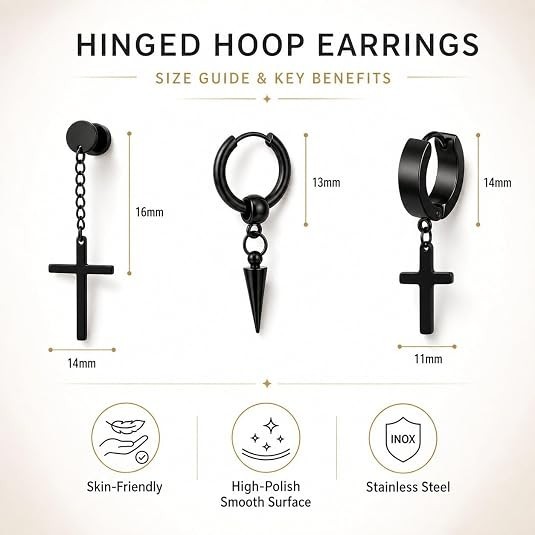 16 Pairs Stainless Steel Earrings Set for Men Stud Hoop Cross Dangle Jewelry