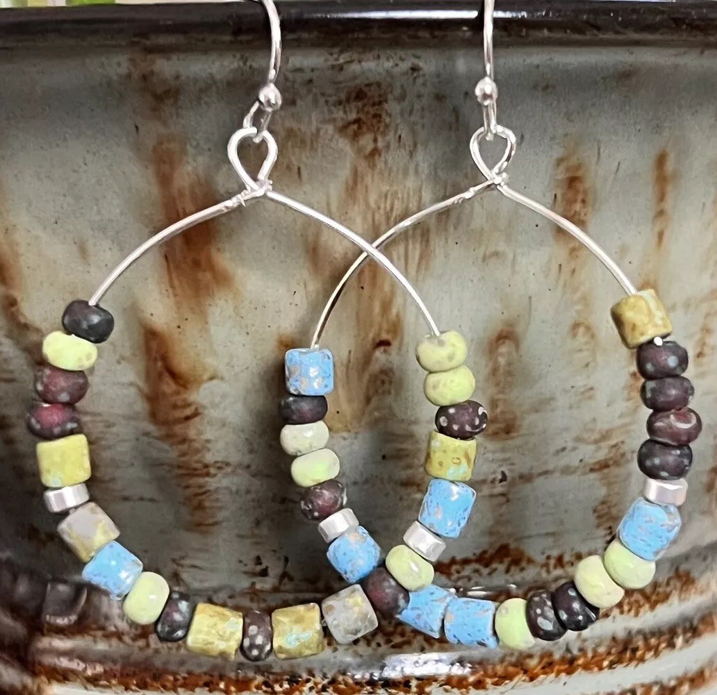 Silver Hoops with Green, Blue and Brown Beads. Boho Chic