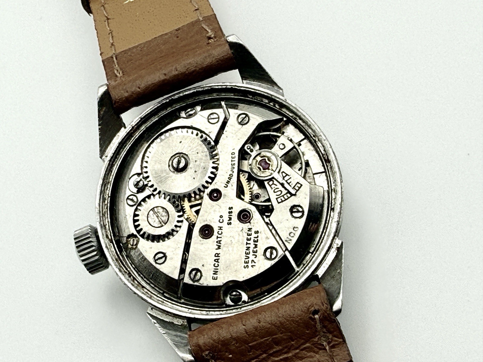 Enicar Waterpro Vintage Swiss Manual Wind 17J Silver Dial Steel Leather 29mm