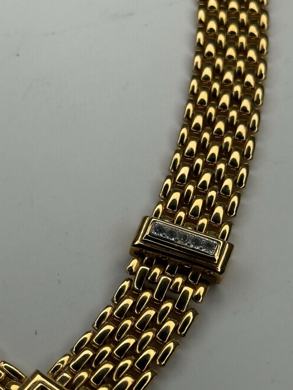 Vintage AVON Brick Chain V Shape Pave Rhinestone Push Lock GoldTone Necklace 16”