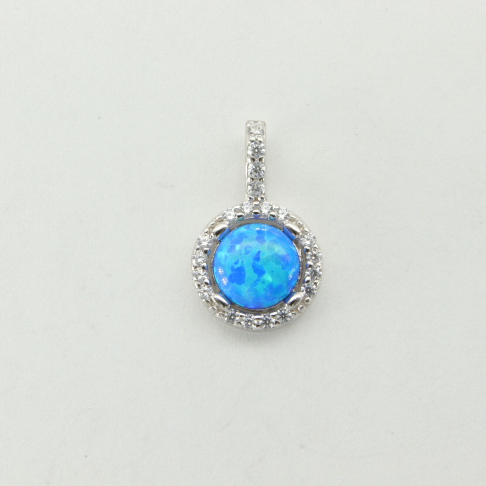 Small Blue – Round FIRE OPAL Pendant 20 CZ – 925 STERLING SILVER – Rhodium #318e
