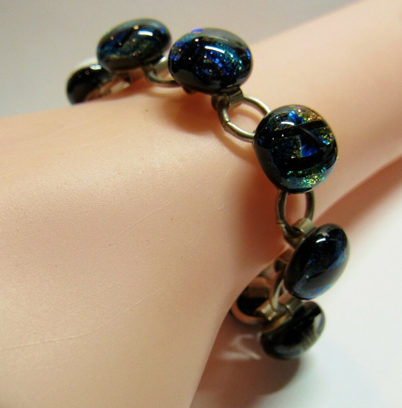 Custom Made STERLING SILVER Multi Color DICHROIC Glass 7″ Bracelet 29.5g