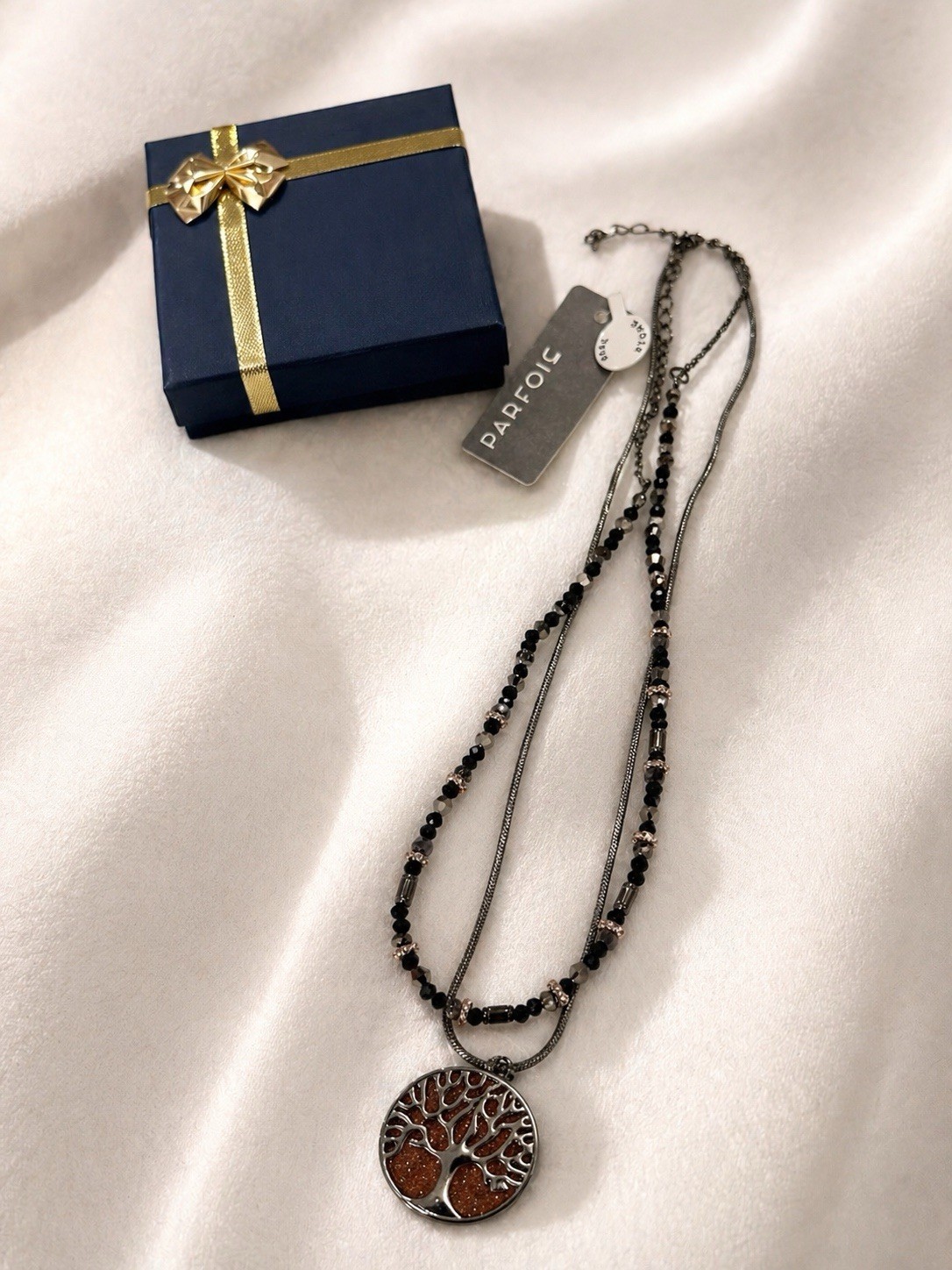 Parfois Tree of Life Real Stone Pendant Necklace Black Beads Gift Box