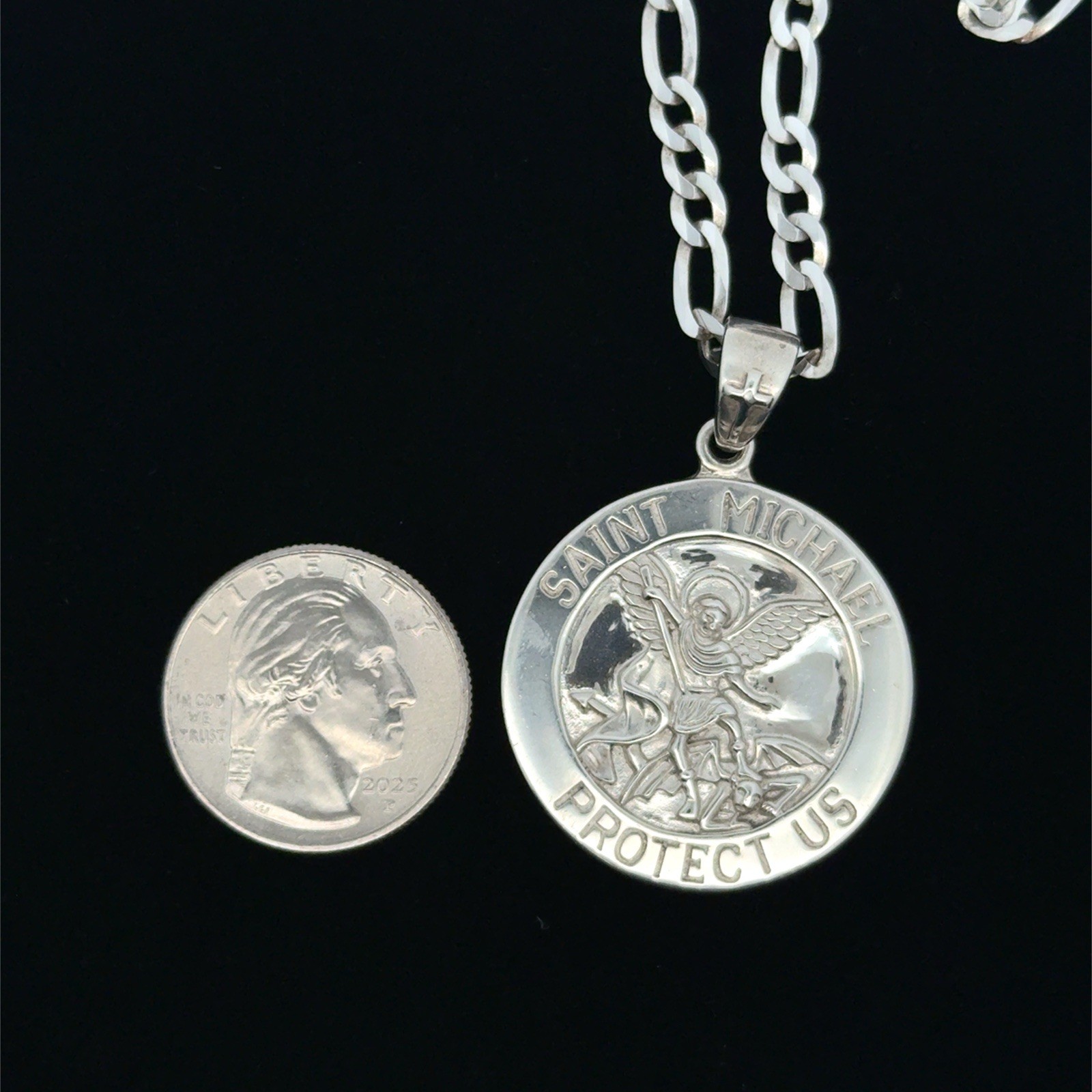Peter Stone Saint Michael Sterling Silver Pendant On 20” Figaro Necklace, 21.5g