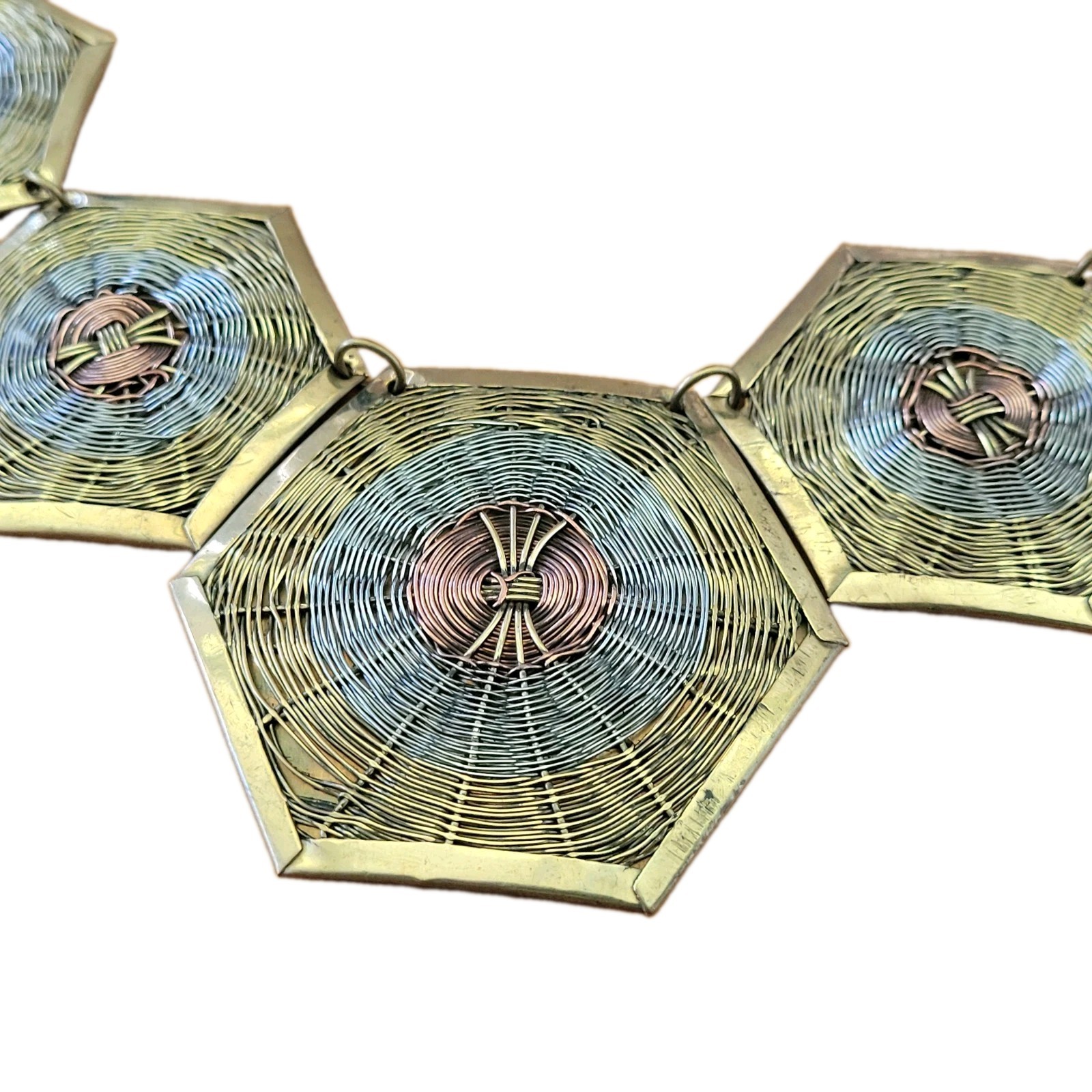 Vintage 1970s Mixed Metal Woven Wire Hexagon Bib Necklace 24in 87g