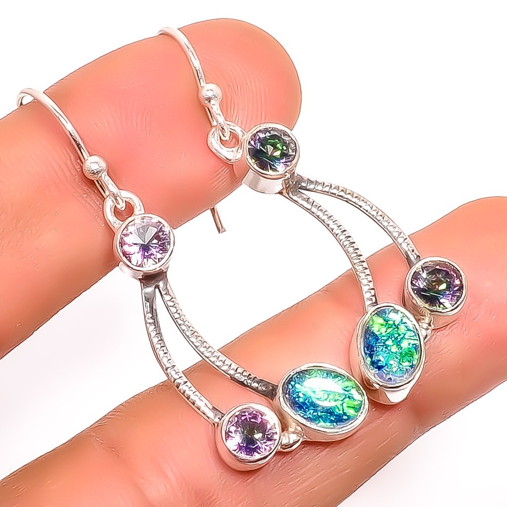 Triplet Fire Opal & Mystic Topaz 925 Silver Earring 1.76″ E55-7